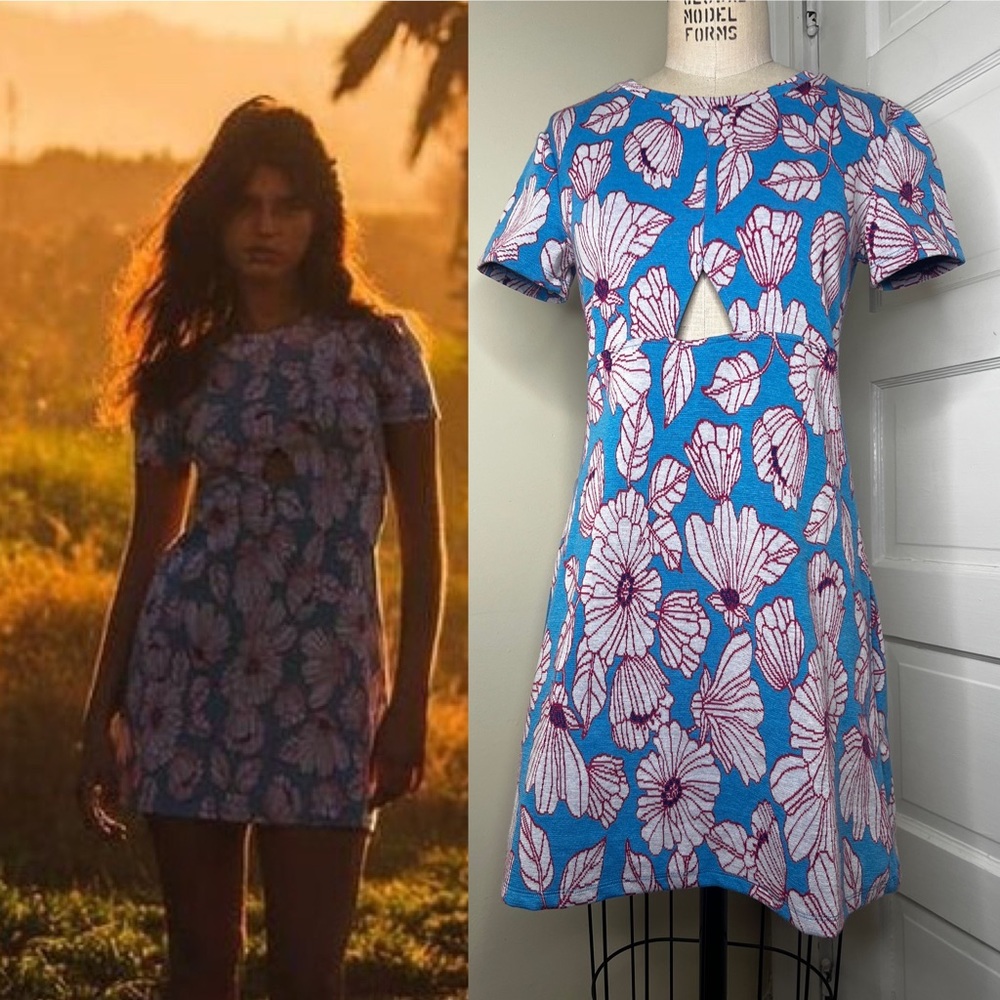 ZARA Floral Jacquard Cut Out Mini Dress Medium blue pink knit